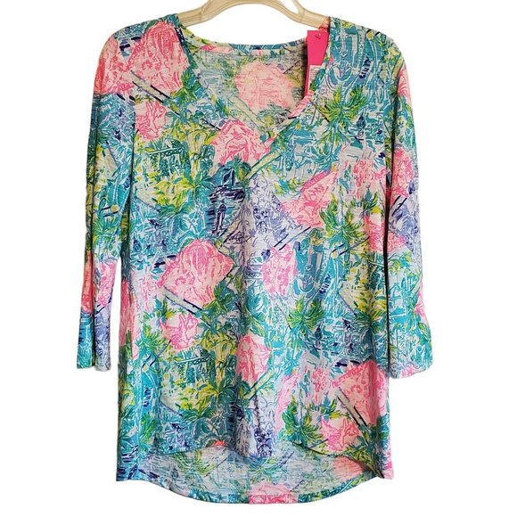 Lilly Pulitzer Etta Floral Beachy Coastal 3/4 Sleeve Top XS NWT - Picture 1 of 10